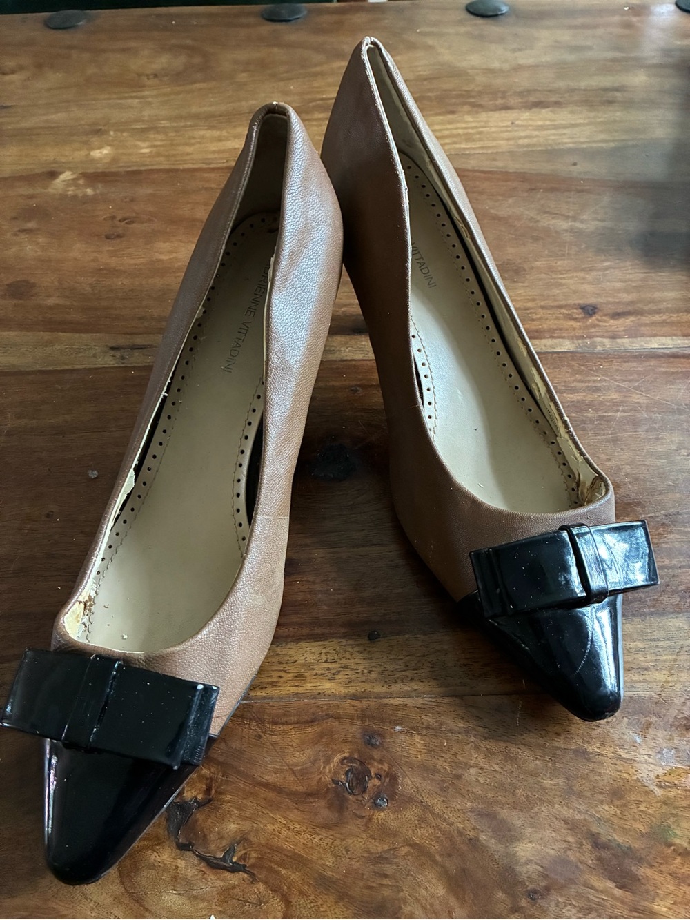 Brown and Black Pointed Toe Women's Pumps with Bow Accent